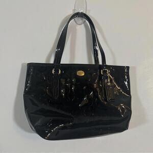 Coach Black Patent Leather Embossed Signature Tote Bag 13x9” Gold Hardware